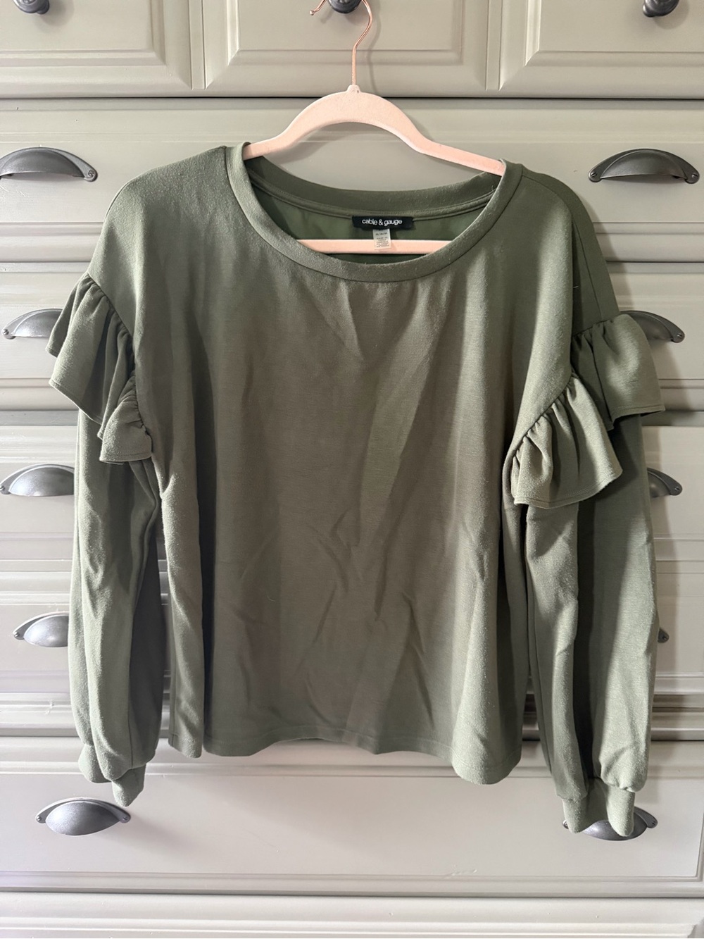 Cable & Gauge Olive Ruffle-Sleeve Pullover Top